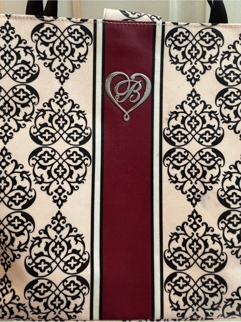 Brighton Cream & Black Patterned Tote Bag with Burgundy Stripe - Picture 2 of 6